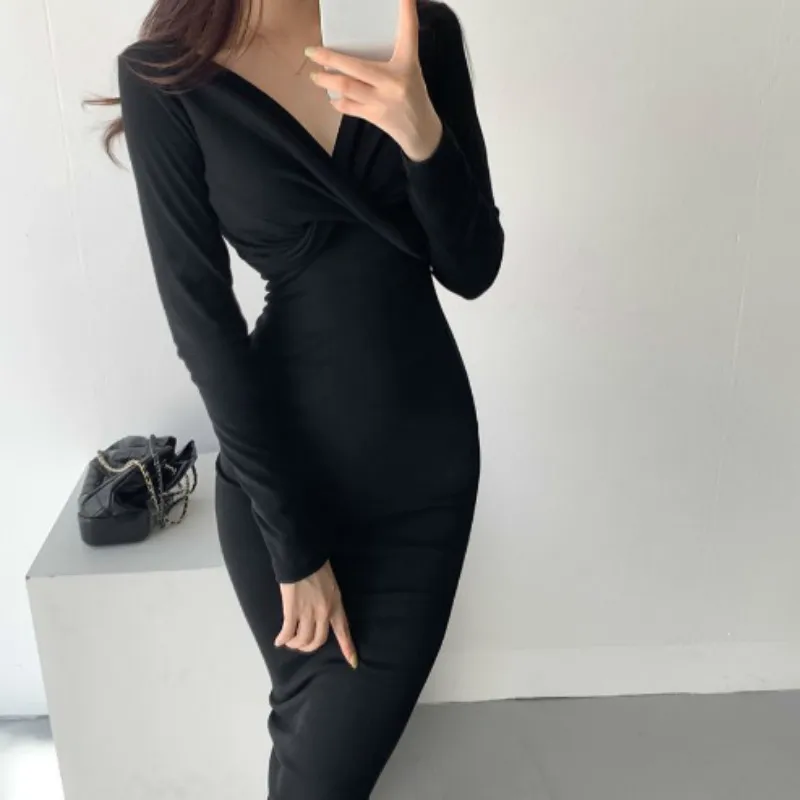 EZGAGA Seksi Düşük Kesim MIDI Parti Elbise Kadınlar Sonbahar Yeni Criss-Cross Dantelli V Yaka Bayanlar Bodycon Elbise Zarif Vestidos Feminino 210430