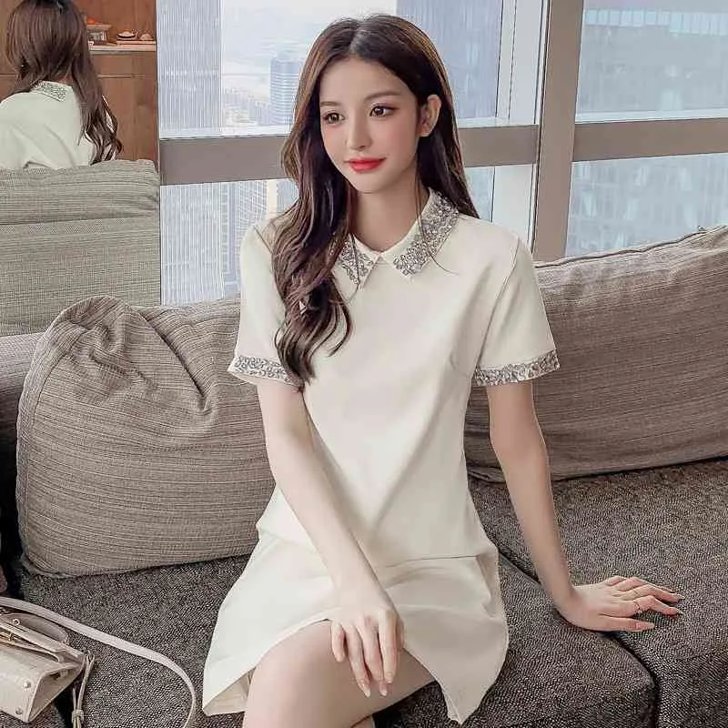 Ezgaga verão simples frisado lapela mini vestido escritório senhora manga curta moda coreana solta uma linha elegante mulheres vestidos chique 210430