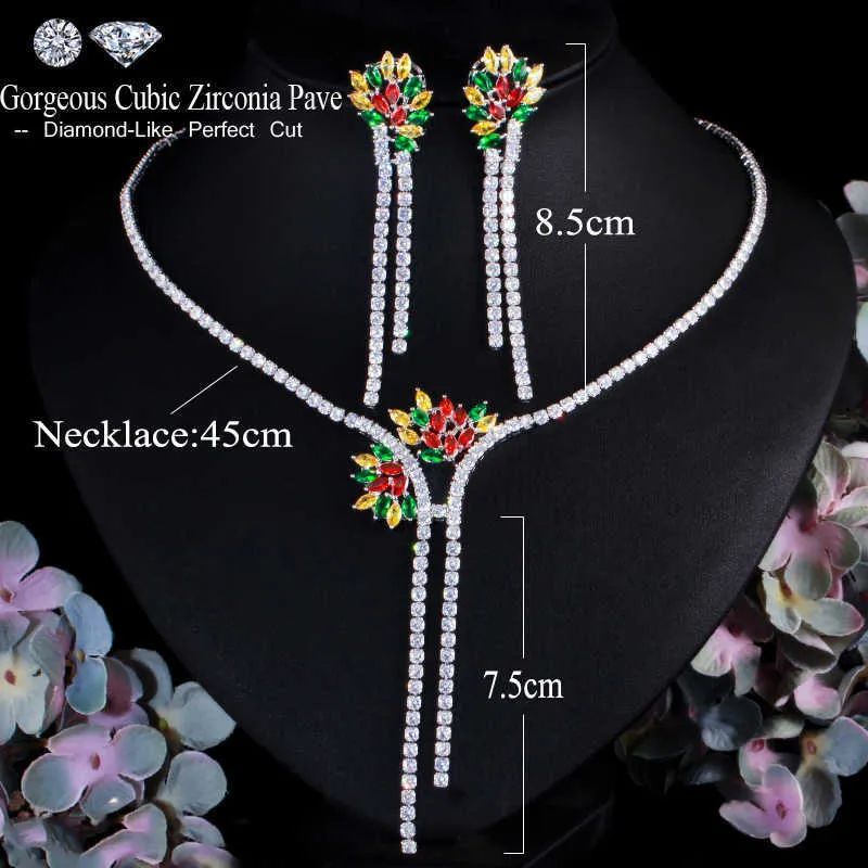 ThreeGraces Sprankelende Multicolor Blad Cubic Zirconia Lange Dangle Drop Ketting en Oorbellen Luxe Sieraden Sets voor Bruiden TZ550 H1022