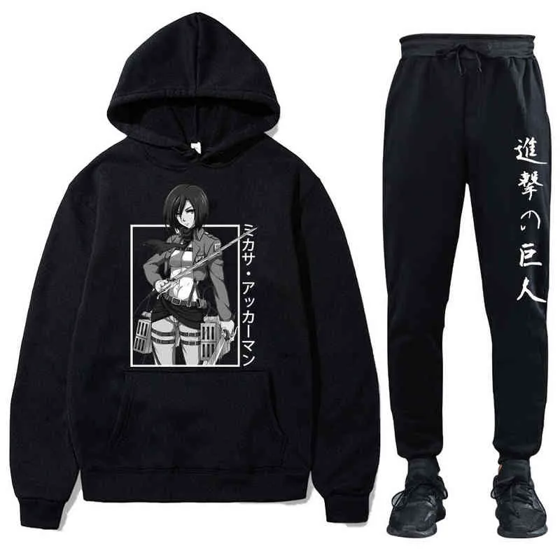 Attack on Titan Men Tracksuit Mikasa Ackerman Hoodie and Sweatpants Autumn And Winter Long Sleeve Loose Pullover Sweatshirt H1227