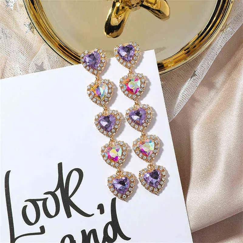 Korean Purple Rhinestone Love Heart Flower Dangle Earrings Long Water Drop Crystal Jewelry Pendientes For Women Fashion Brincos G220312