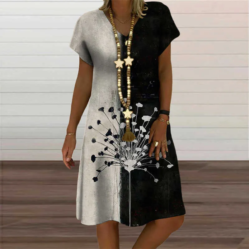 Улица мода цветочные напечатанные мини платья для женской одежды 2021 летние новые повседневные с короткими рукавом V-образным вырезом негабаритный свободное платье Y1006
