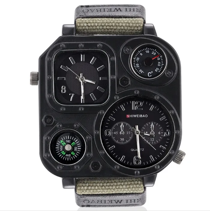 GMT 이중 시간 군대 남성 시계 야외 석영 시계 시계 캔버스 밴드 나침반 50mm 대형 정사각형 다이얼 남성 손목 시계 226Z