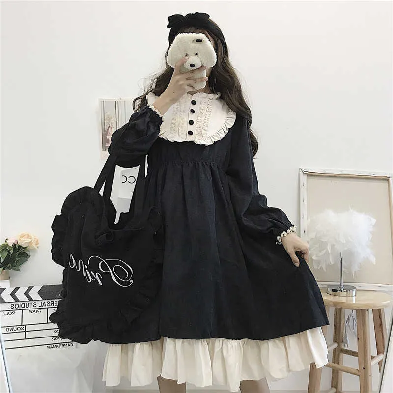 Style japonais automne femmes robes col rond taille haute minceur contraste couleur à volants douce robe Lolita Kawaii vêtements 210623