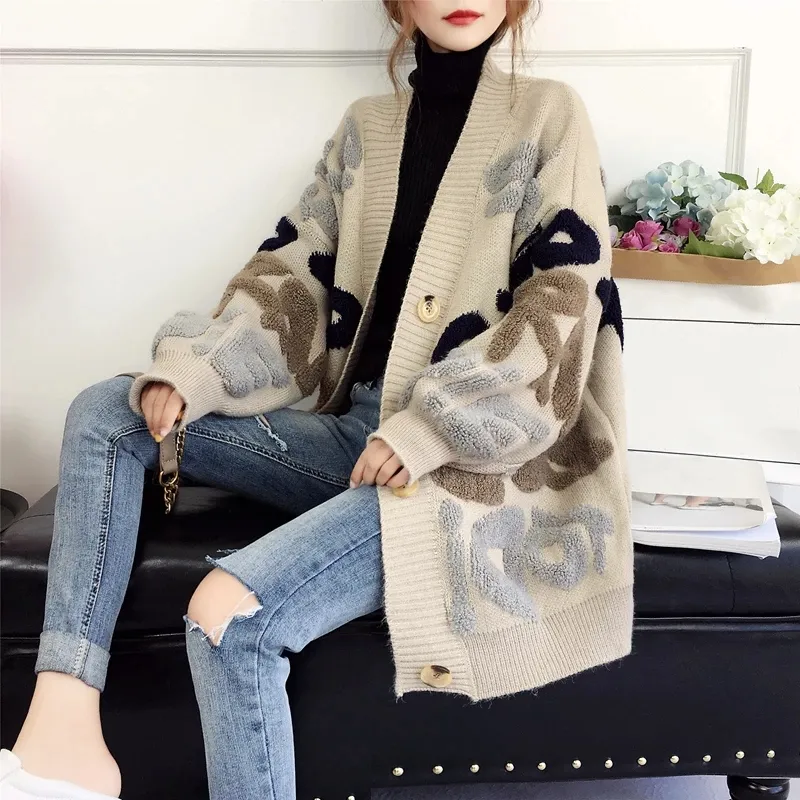 Women Cardigan Letter Pattern Knitted Sweater Korean Street Style Cardigan Loose Ladies Jacket Spring and Autumn