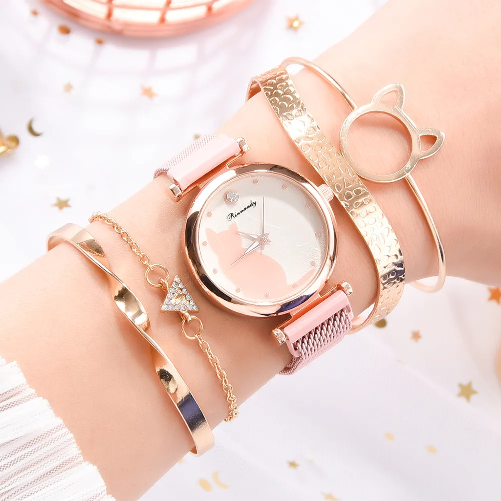 Watches Rose Gold Bracelet Set Pattern Black Magnet Watch Ladies Wrist Quartz Clock