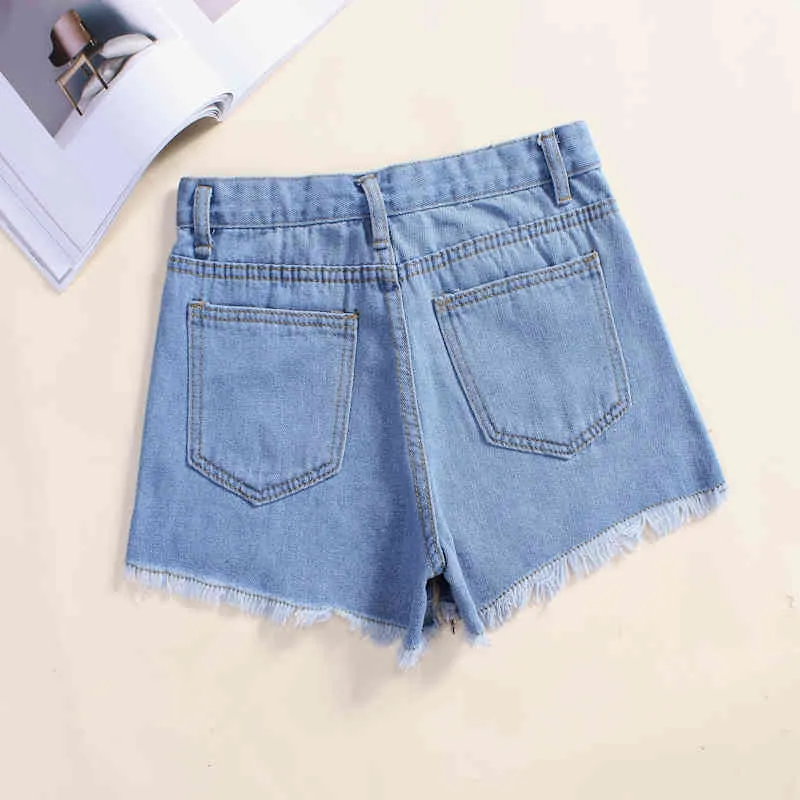 Sommer Frauen Hohe Taille Quaste Blau Denim Shorts Casual Weibliche Einfarbig Breite Bein Schwarz Weiß Jeans 210430