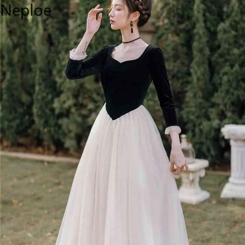 Neploe Vintage Maxi Dress DEMMINILE Velvet Patchwork Gauze Chic Vestidos Trova Spring Contrast Colore Slim Elegant Wames Women 210422