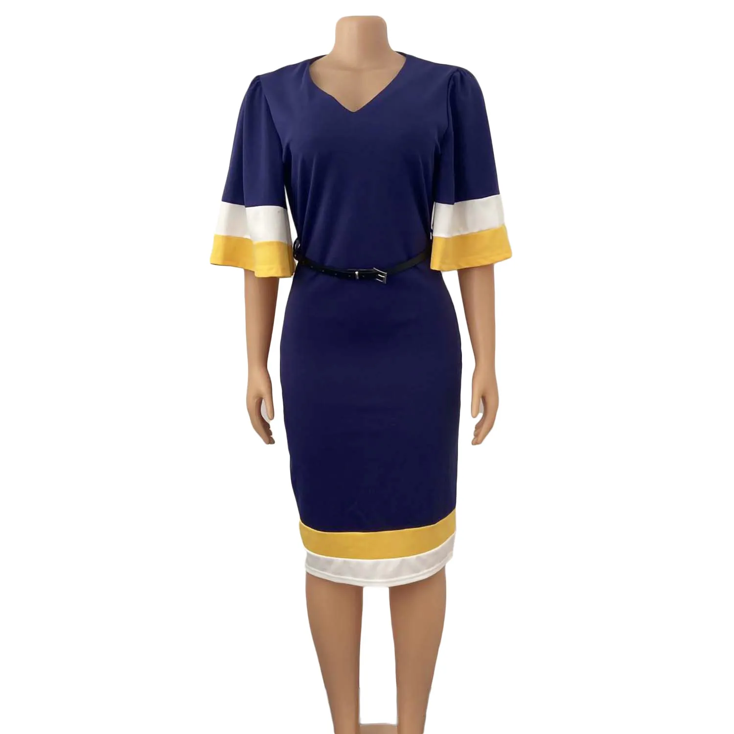 Frauen, figurbetontes Kleid, Patchwork-Farbe, Flare, kurze Ärmel, V-Ausschnitt, elegante Büro-Damen, Arbeitskleidung, weiblich, bescheiden, edel, afrikanische Dame 210331