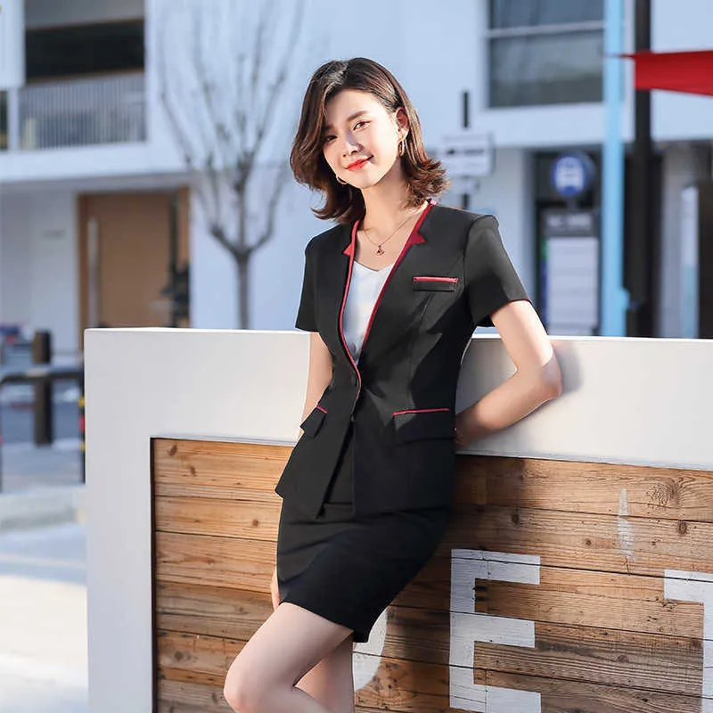 Летние женские профессиональные юбка костюм Slim с коротким рукавом Blazer мода двухсектура набор офисная одежда 210527