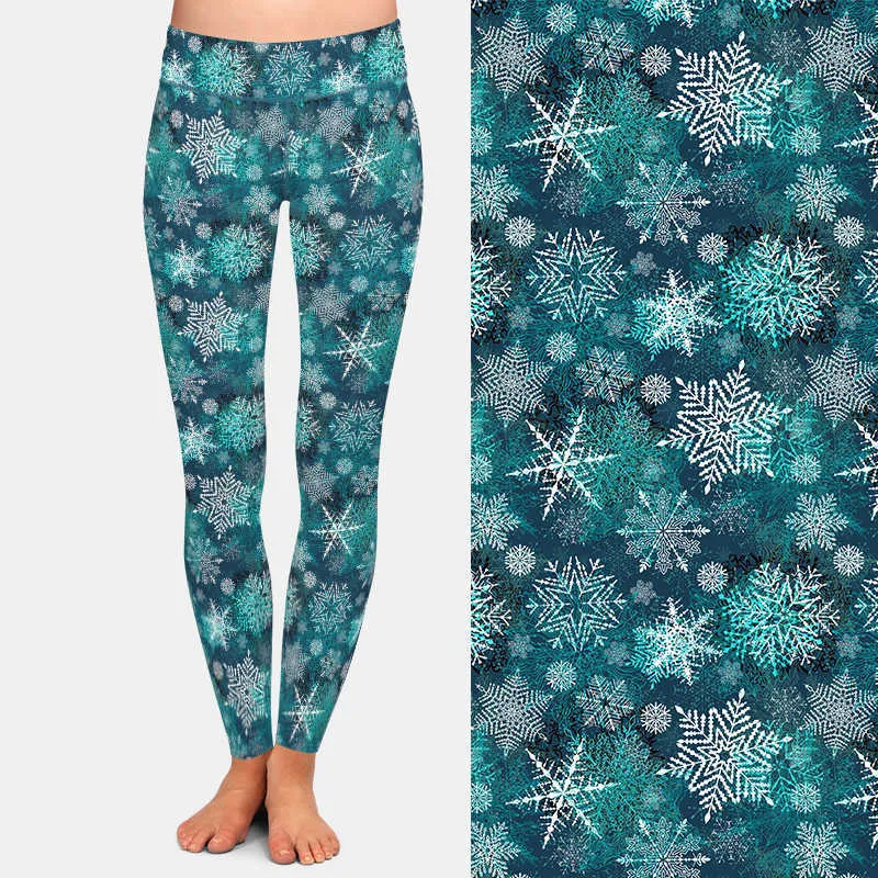 LETSFIND Beautiful 3D Christmas Snowflakes Pattern Milk Silk Print Plus Size Leggings High Waist Elastic Fitness 211215