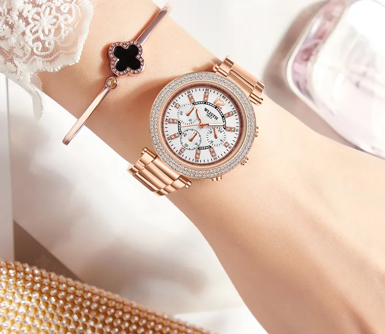 스테인레스 스틸 스트랩 리그 럭셔리 우아한 여자 시계 완벽한 순간 풀 다이아몬드 라운드 다이얼 쿼츠 로즈 골드 손목 시계 WLIS317W