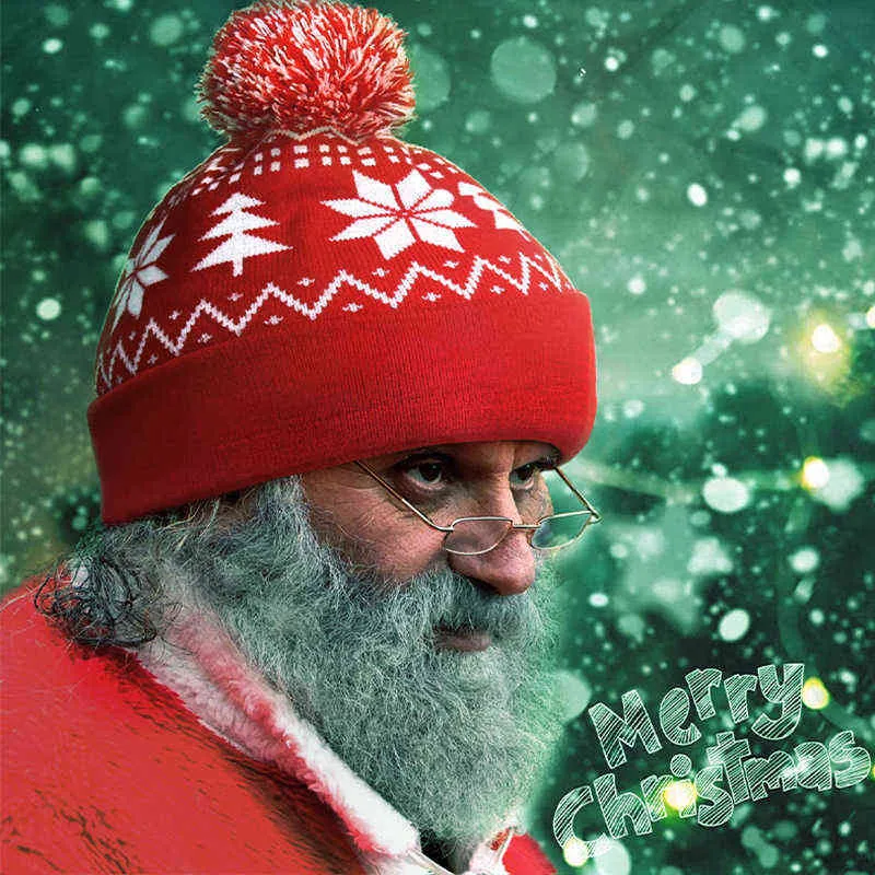2022 neue Gestrickte Jacquard Weihnachten Hut Pelz Ball Saum Hut Herbst und Winter Warme Mütze Neue Jahr Geschenk Beanie Großhandel bonnets Y21111
