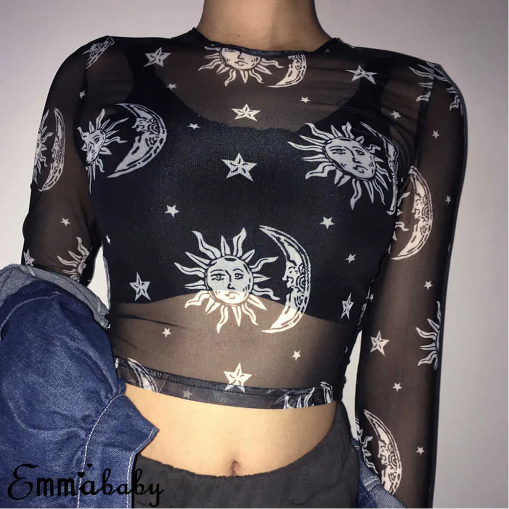 NUOVE Donne Sexy Harajuku Maglia Top Manica Lunga Vedere Attraverso T Shirt Trasparente Sun Moon Star Stampa T-Shirt Femininas Clubwear X0527