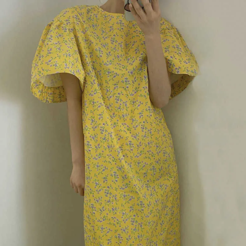 Korejpaa Kadınlar Elbise Yaz Kore Moda Chic Egzotik Retro O Boyun Gevşek Düz Rahat Çiçek Büyük Kollu Uzun Vestido 210526