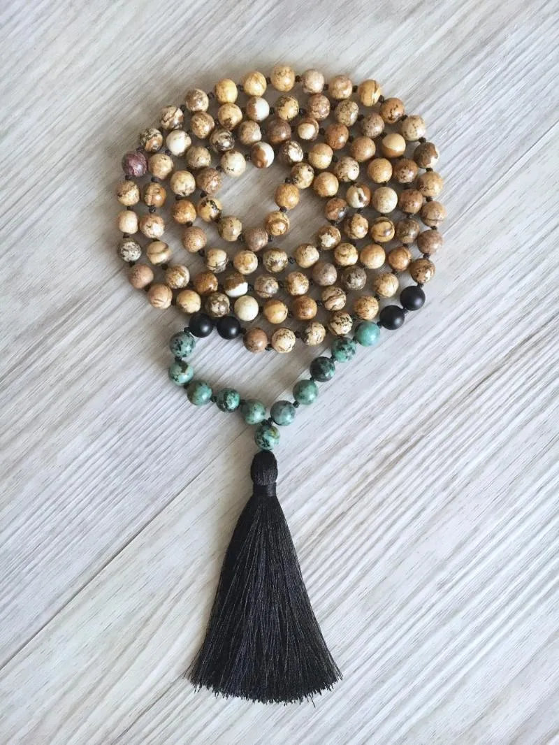Colliers pendants 108 Collier de perle mala africain turquoises onyx nouée de prière masculine de yoga méditation 249m