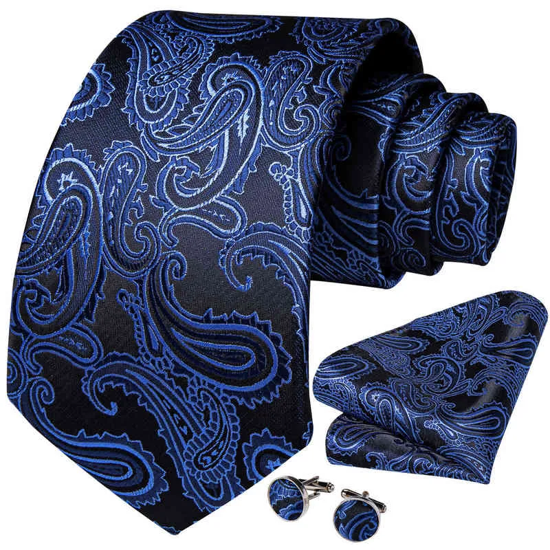 Classic Navy Blue Men's Tie Striped Paisley Floral Necktie Pocket Square Cufflinks Business Tie Set Cravat Gift For Men DiBanGu Y1229