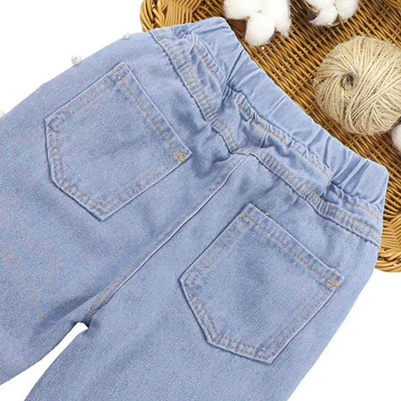 Conjunto de ropa para niñas, chaqueta de decoración de perlas de manga larga de otoño + Jeans, ropa deportiva informal para niños de 2 uds para 4-13 años 210528