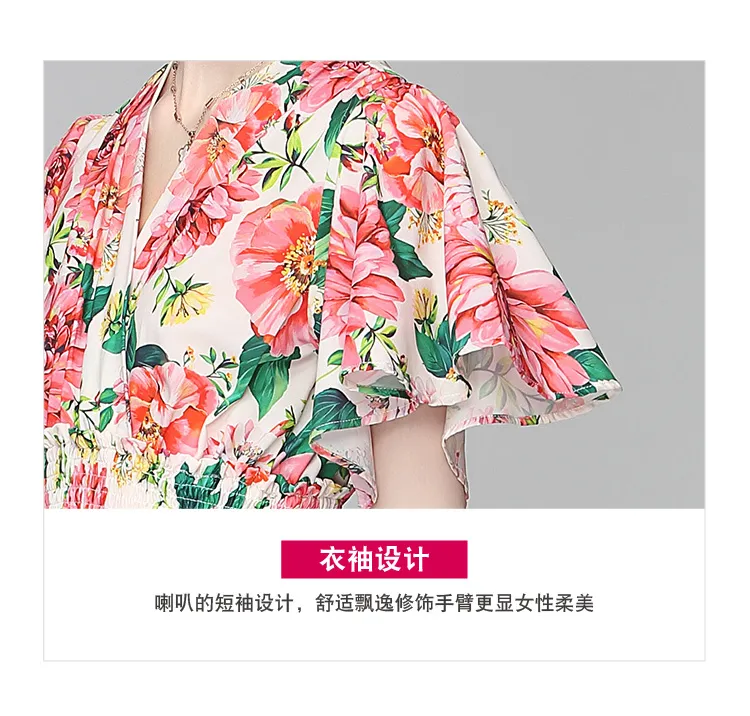 LLZACOOSH Fashion Summer Runway Elegant Floral Print Women Flare Sleeve V Neck Elastic waistline A Line Slim Long Dresses 210514