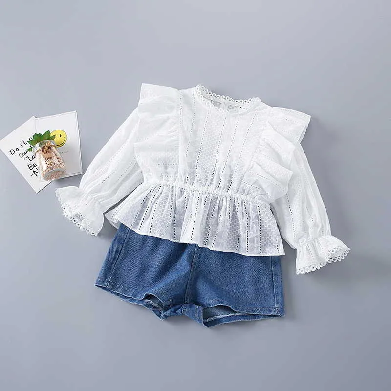 Wiosna Dzieci Dziewczyny 2-sztaki Zestawy Białe Koronki Długie Koszule Pufery + Wysokiej Talii Dżinsowe Szorty Dzieci Casual Style Ubrania E035 210610