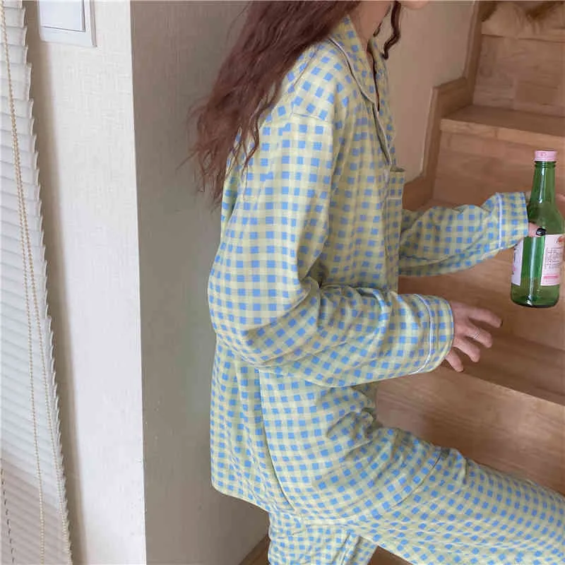 Nachtwäsche Frauen Lose Plaid Homewear Baumwolle Chic Femme Vintage Süße Casual Weiche Farbe-Hit Pyjamas Sets 210525