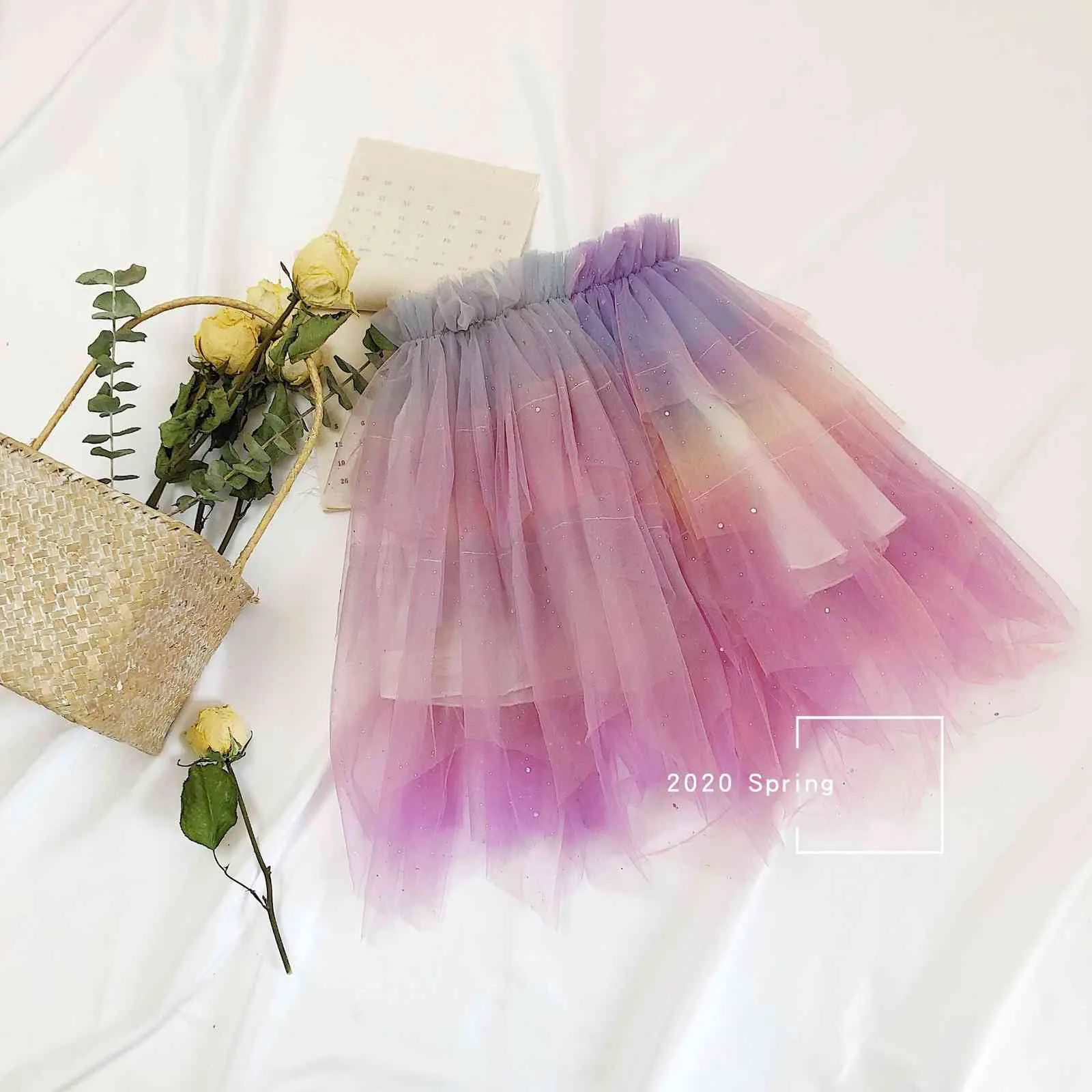 Moda Dziewczyny Paillette Rainbow Mesh Długie Spódnice Dzieci Wiosna Bling Moda Księżniczka Spódnica 210508