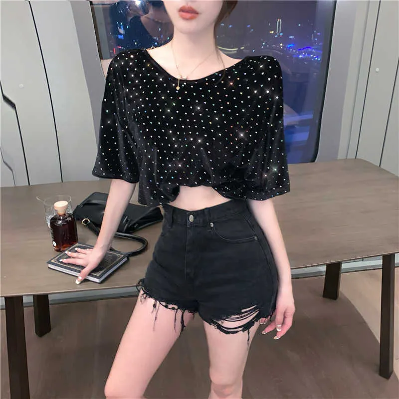 Tops Tees Summer Loose Col V Manches courtes Paillettes noires Femme T-shirts Chaîne Perles Sexy Creux Out Casual Street Wild 210610