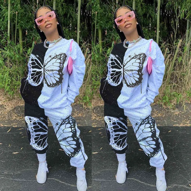 Wholesale Product Trendy Chic Printed Cool Girl Track Suit Women Matching Sets BF Style Sweatshirt Top Baggy Pants 210525