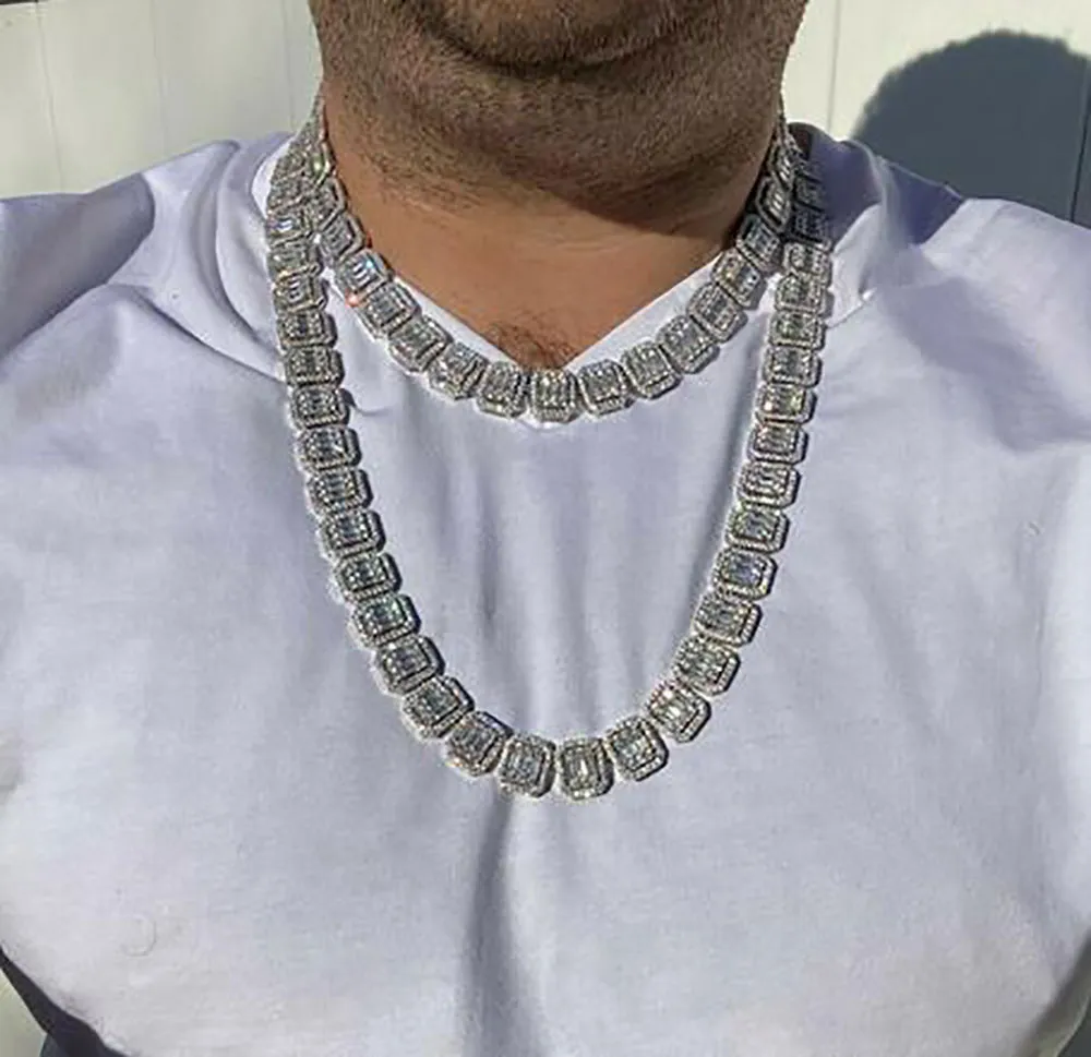 Echte Iced Silver Baguette Tenniskette 14K Weißgold vergoldet 9mm Männer Frauen Diamant Halskette Halsband Hip Hop Schmuck Geschenke237H