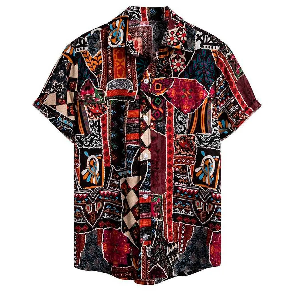 Womail Letnie Męskie Etniczne Z Krótkim Rękawem Casual Bawełniana Pościel Drukowanie Hawaiian Koszulka Bluzka Streetwear Camisas Koszulki 210629