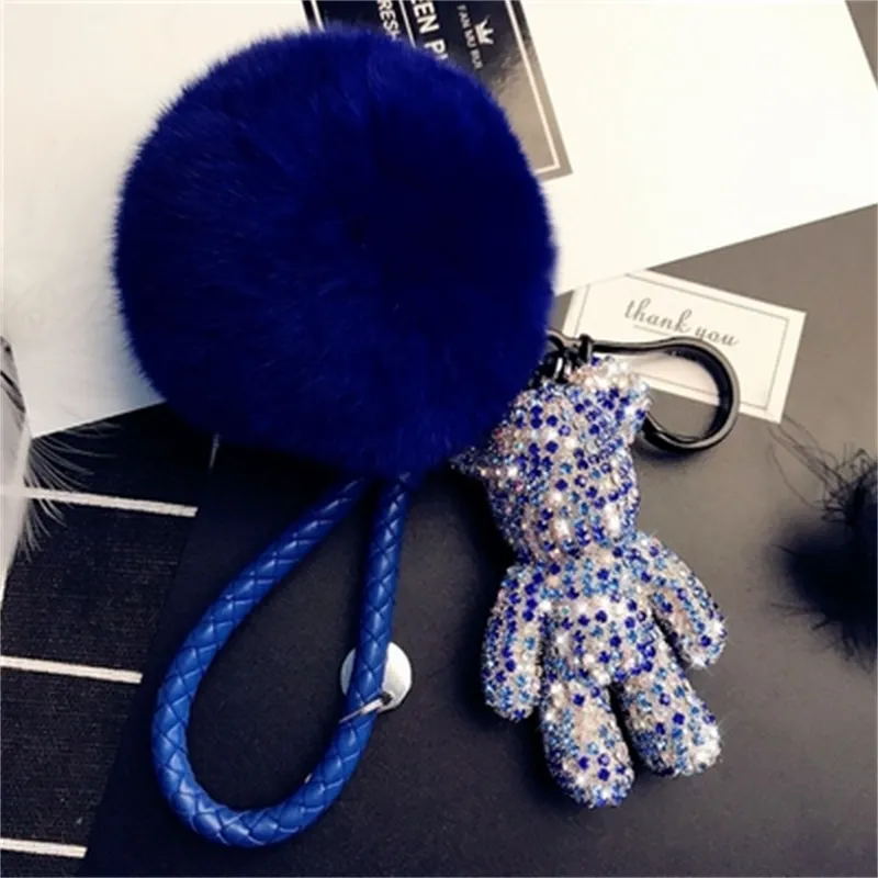 Bomgom Crystal Popobe Groomy Bear Strass Keychain Car Key Holder Bag Charm Holder Fur Pom Pom Leather Key Chain Key Ring Pendant 2186g