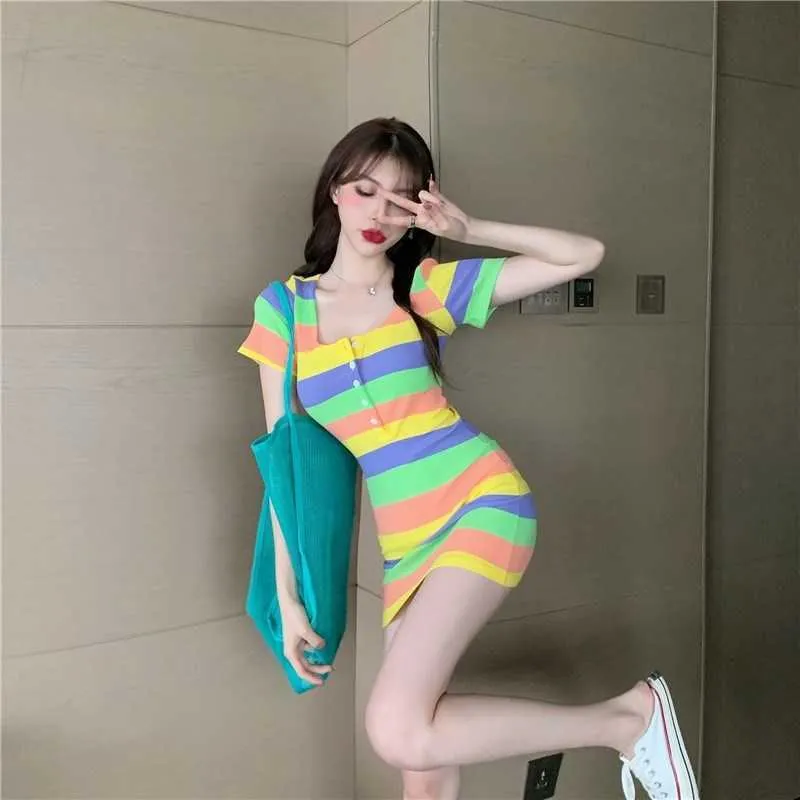 WOMENGAGA Summer Korean Style Round Neck Color Dress Tight-fitting Hip Mini Sexy Slim Temperament Stripes YC1Q 210603