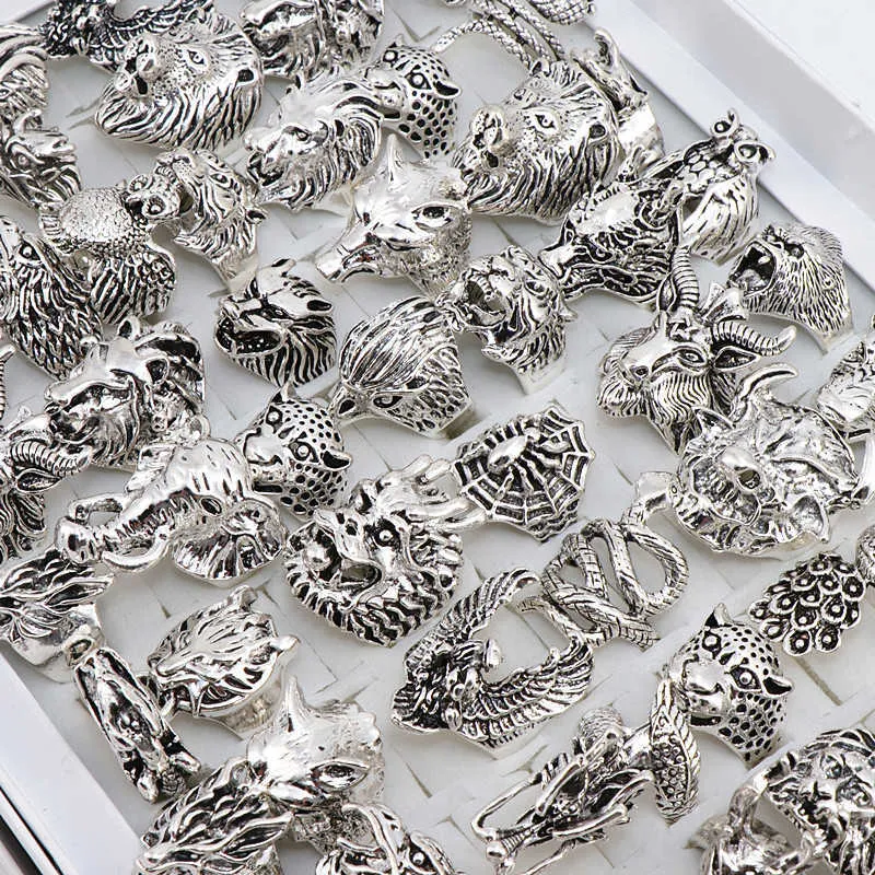 Wholesale Mix Owl Dragon Wolf Elephant Tiger Etc Animal Style Antique Vintage Jewelry Rings for Men Women 2106234513394