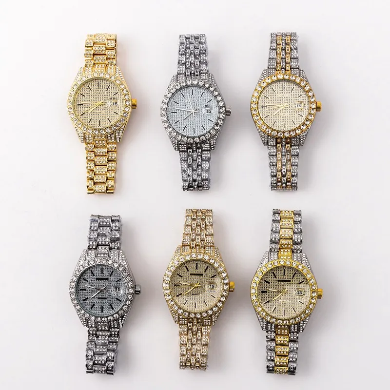 Men's 2021 classic quartz gold foreign trade full diamond watch date three bead watch gem watch whole243O