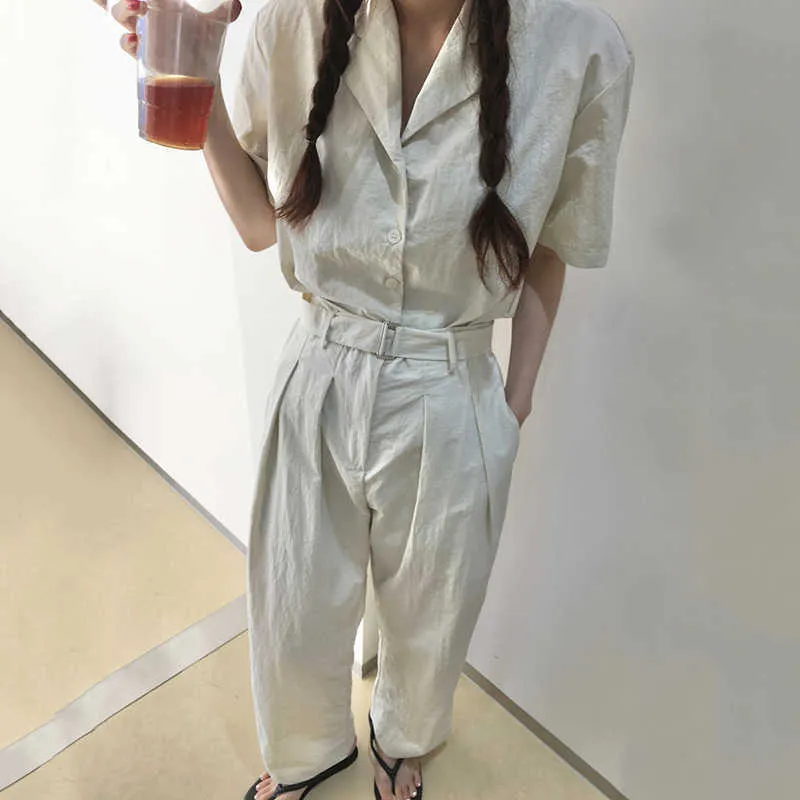 Korejpaa Frauen Set Sommer Koreanische Chic Damen Einfache Revers Kurzarm Anzug Jacke Hohe Taille Plissee Casual Hosen 210526