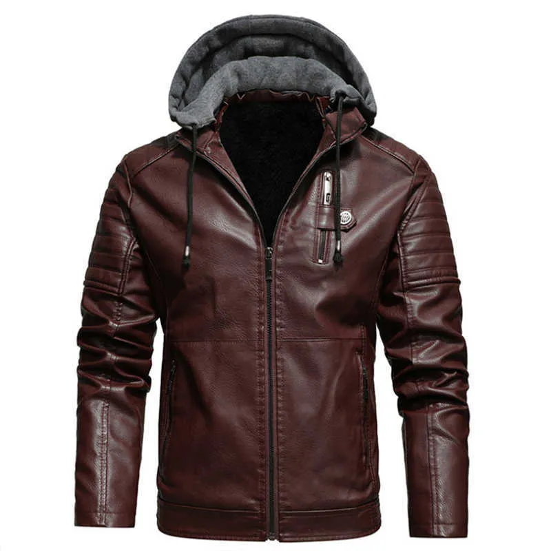 Мужские флисовые лайнер PU кожаные утолщения куртки пальто с капюшоном осенью зима повседневная мотоцикл куртка ветровка Biker 210923