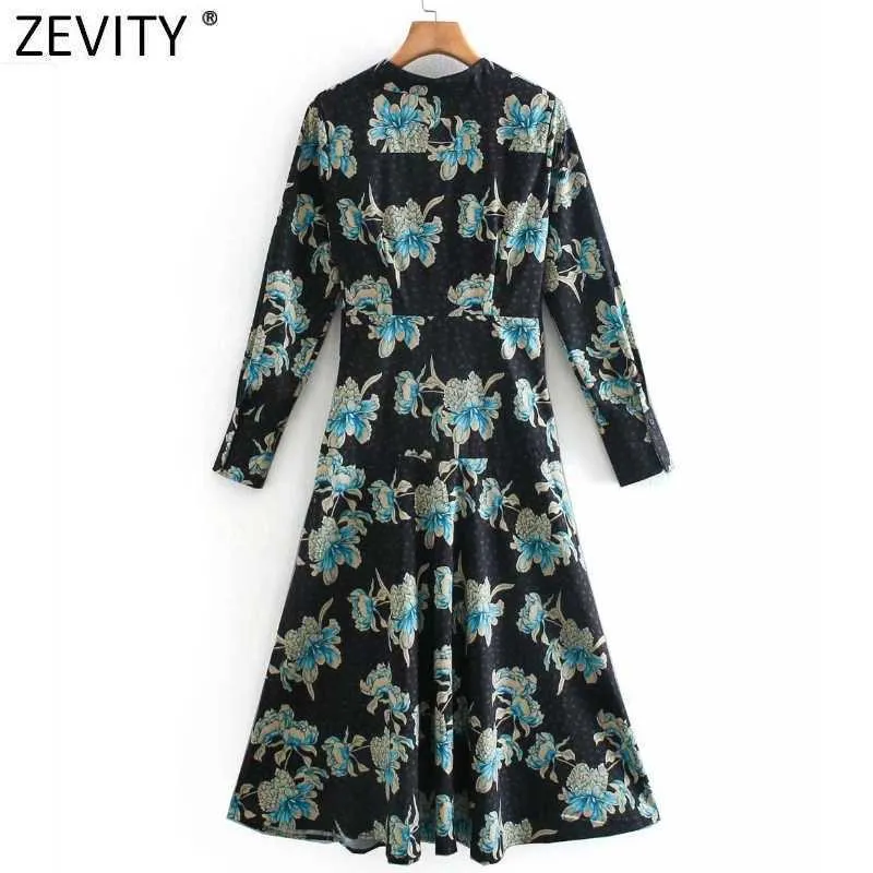 Zevity Femmes Vintage Front Bowknot Fleur Imprimer Casual Slim Midi Robe Femme À Manches Longues Une Ligne Robe Chic Vêtements DS4794 210603