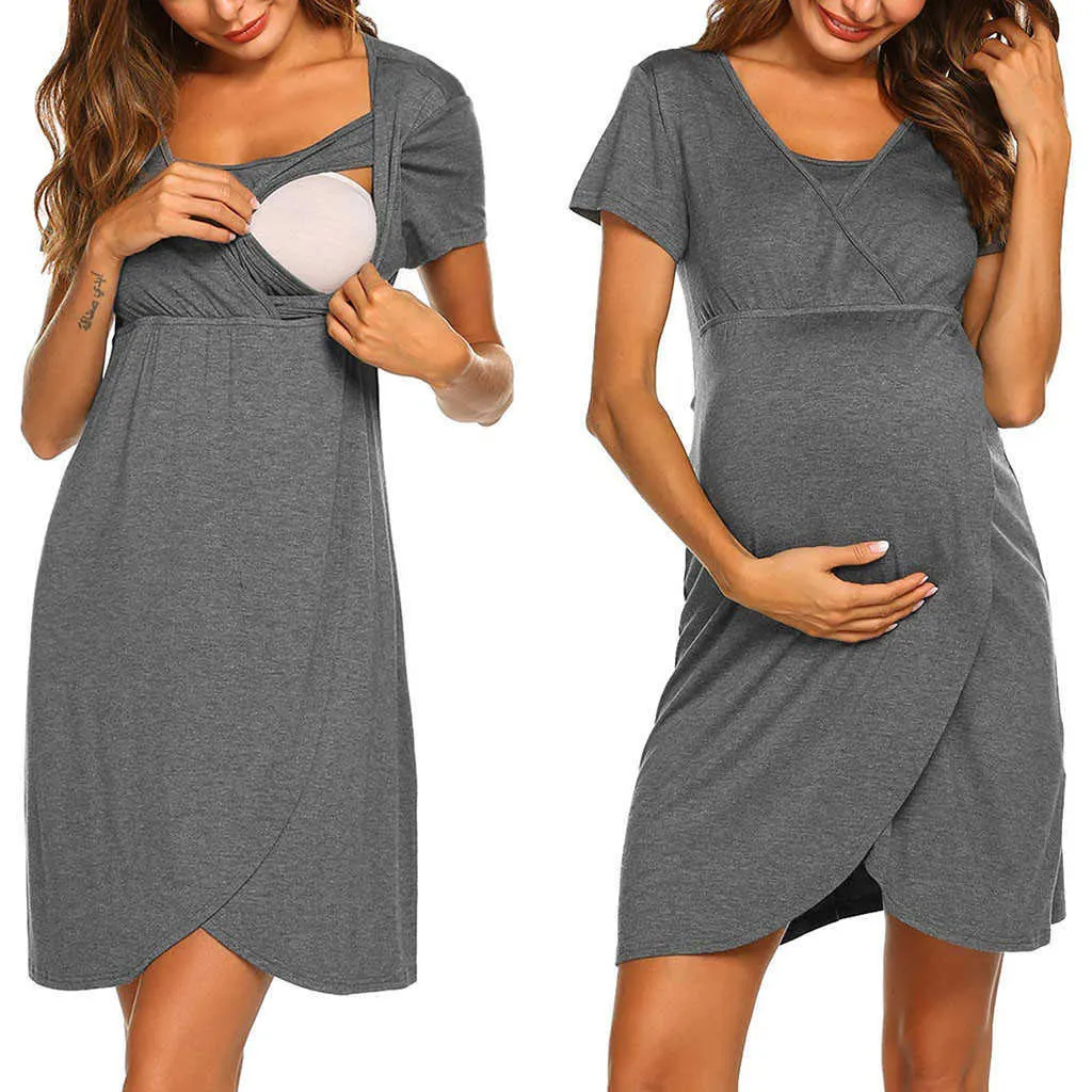 Women Maternity Dresses Summer Nursing Short Sleeve Nightgown Dress Solid Tunic Breastfeeding Clothes Sleepwear Pregnancy Y0924