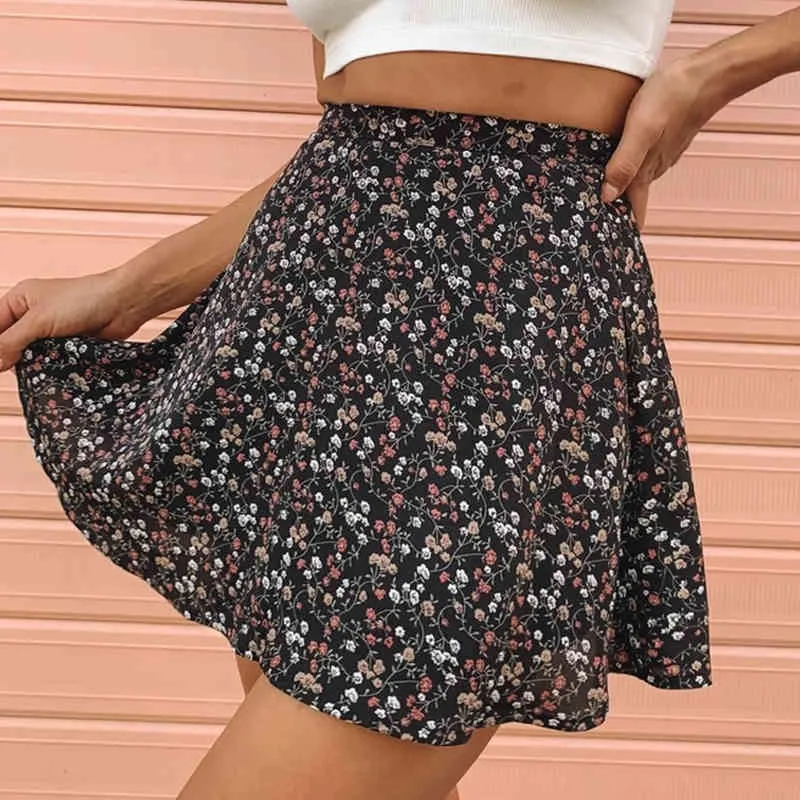 Zomer Dames Floral Print Rok Hoge Taille Paraplu Mini Rok Vrouwelijke Invisible Rits Chiffon Print Korte Rok Dames 210514