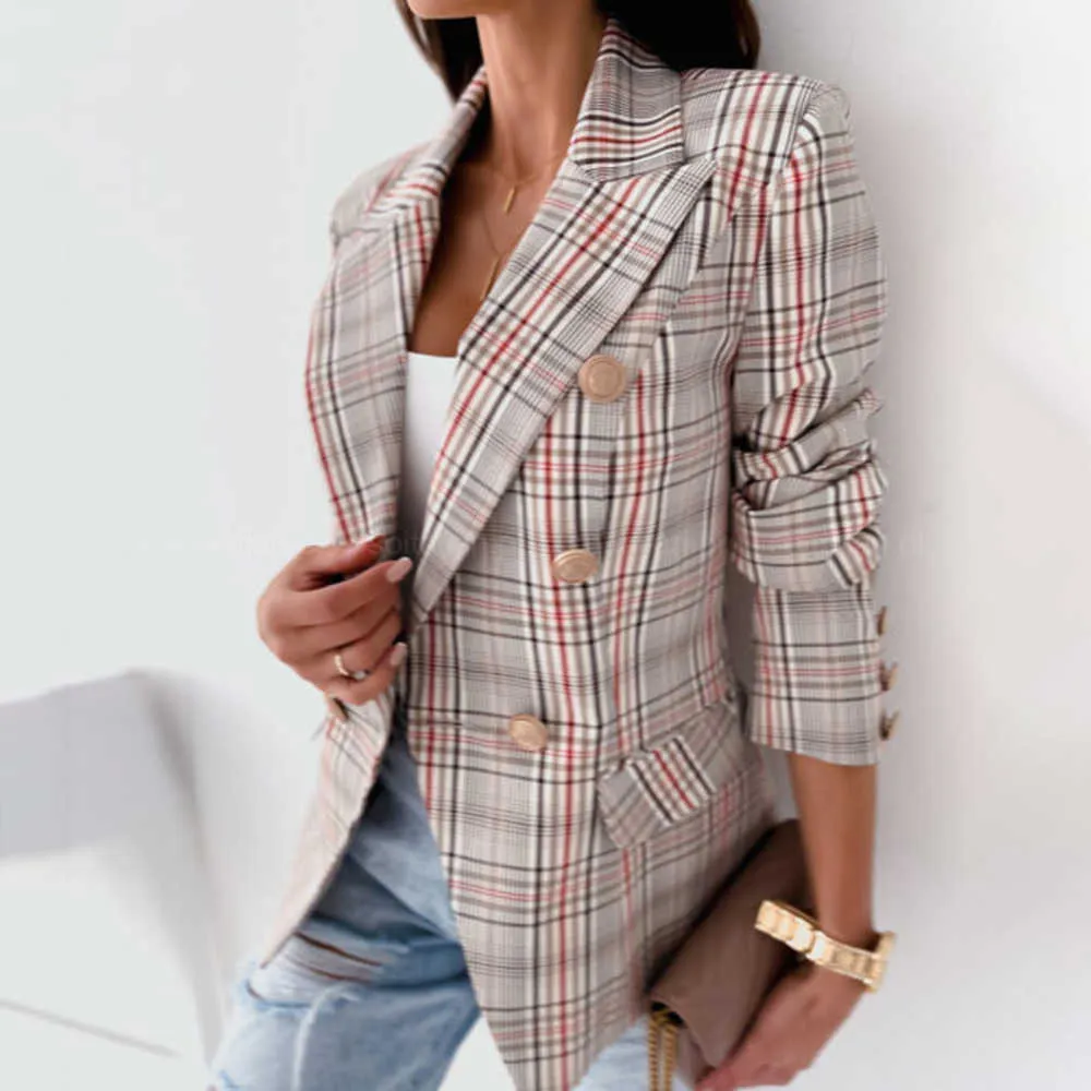 Plaid Blazer Jacka Kvinnor Vår Höst Långärmad Casual Slim Tunna Blazers Khaki Kvinna Coats Elegant Office Suit Coat 210930