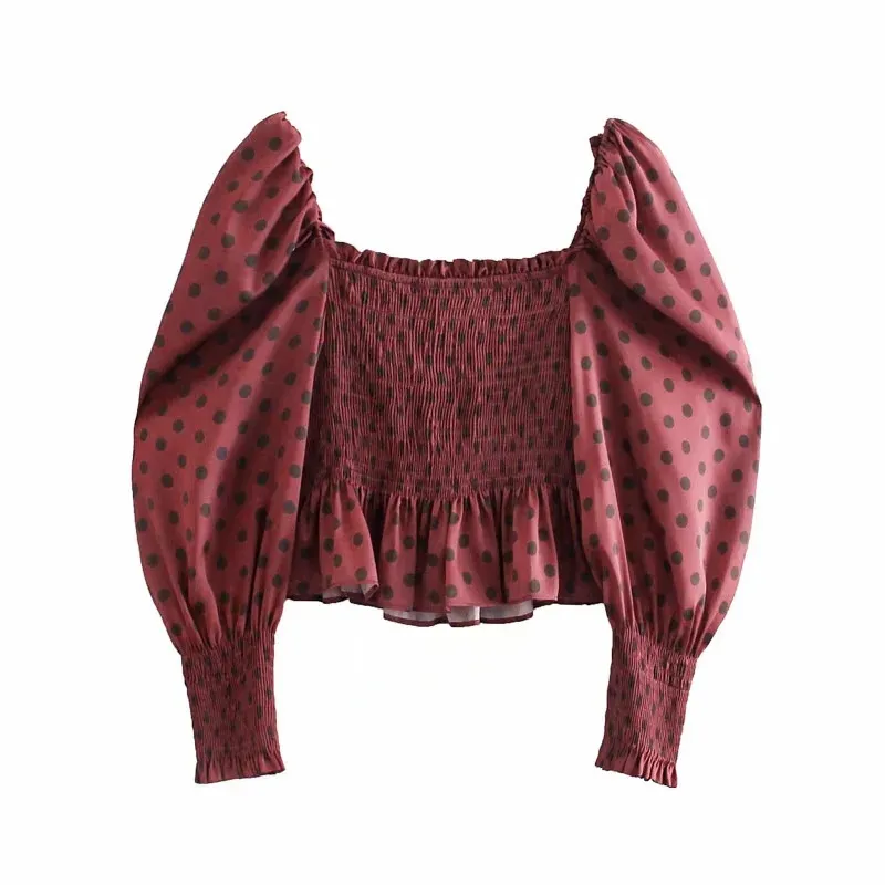 Vermelho bolinhas colheita as mulheres mola moda elástico sopro de manga longa cetim feminino plissado chique mulher blusa 210519