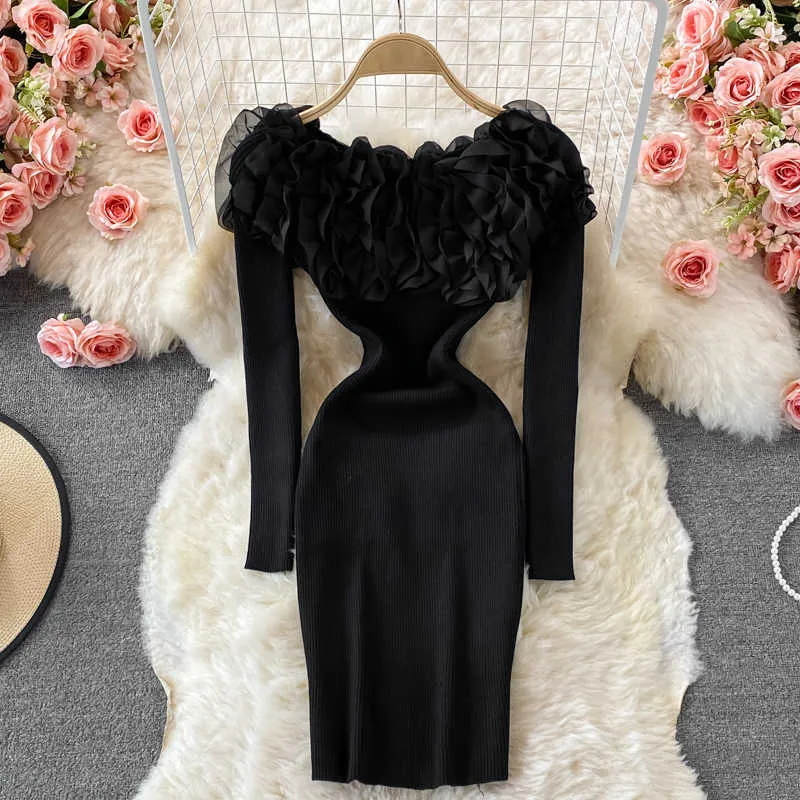 Ruffles Slash Neckdresses Dla Kobiet 2021 Sexy Bez Ramiączek Krążkowaty Krojenia Bodycon Sukienka Kobiety Jesień Z Długim Rękaw Mini Sweter Sukienka Y1006