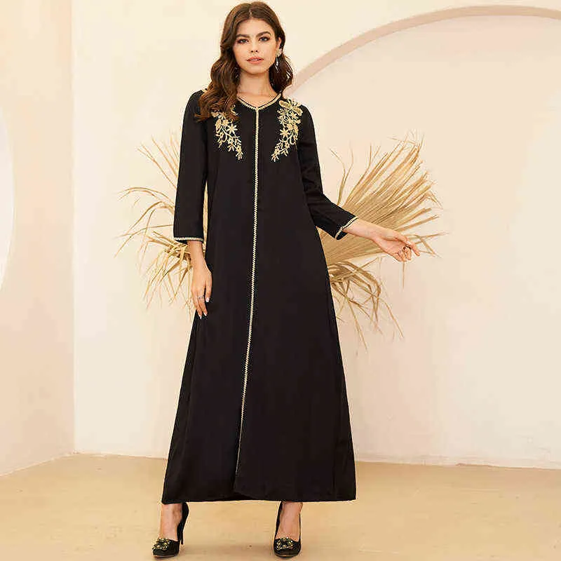Nouvelle robe d'été femmes mode Style arabe col en v or broderie paire fleurs lâche noir à manches longues fête Maxi robes G1214
