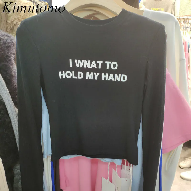 KIMUTOMO chique brief printen gebreide t-shirt vrouwen lente herfst breiwear korea stijl vrouwelijke O-hals lange mouw tops 210521