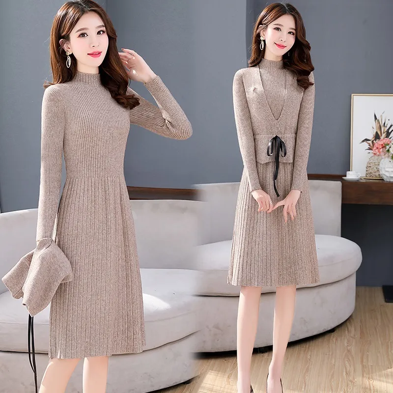 Automne hiver dames ensembles Style coréen à manches longues couleur Pure robe tricotée pull mince gilet robes LL763 210506