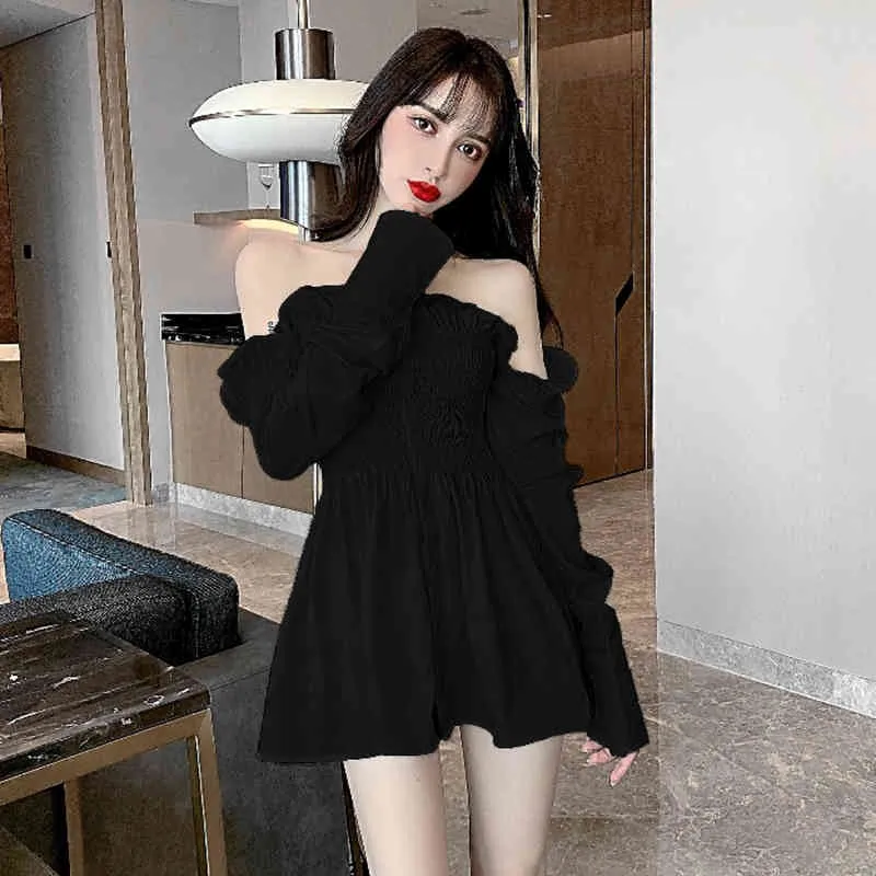 Spring Autumn Women's Blouses Korean Sexy One-shoulder Ruffled Long-sleeved Tops Solid Color Waist Slim Female Shirt GX572 210507