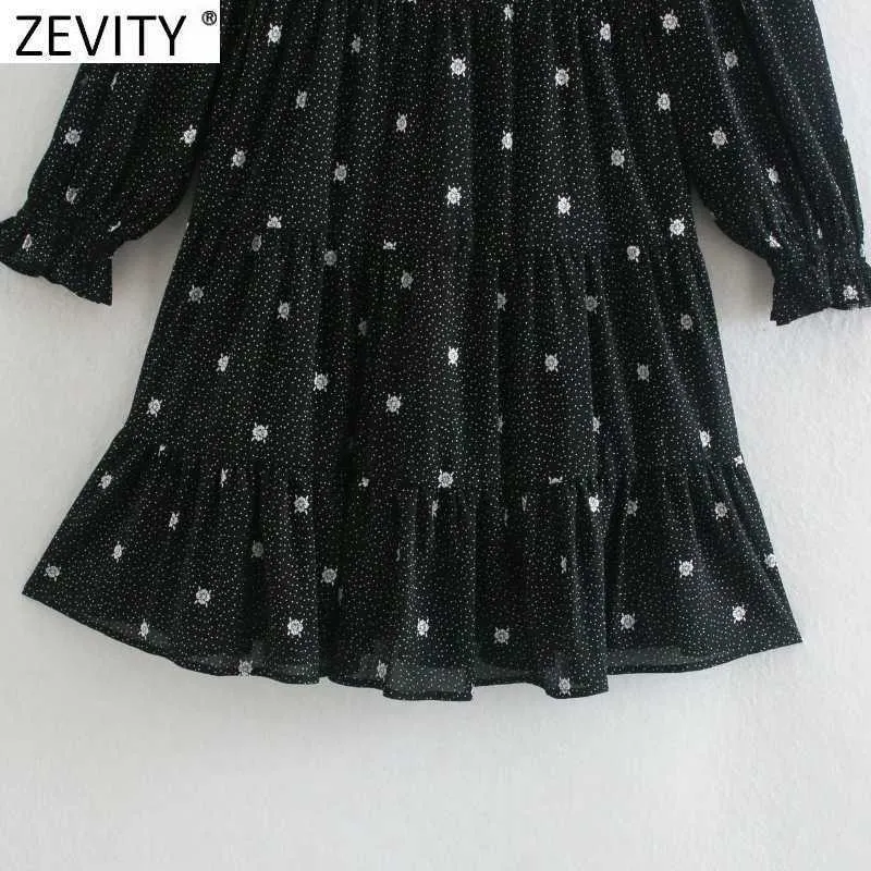 Zevity Women Fashion O Neck Blommor Print Dots Mini Klänning Chic Kvinna Puff Sleeve Lace Patchwork Pleat Ruffles Vestido DS4997 210603