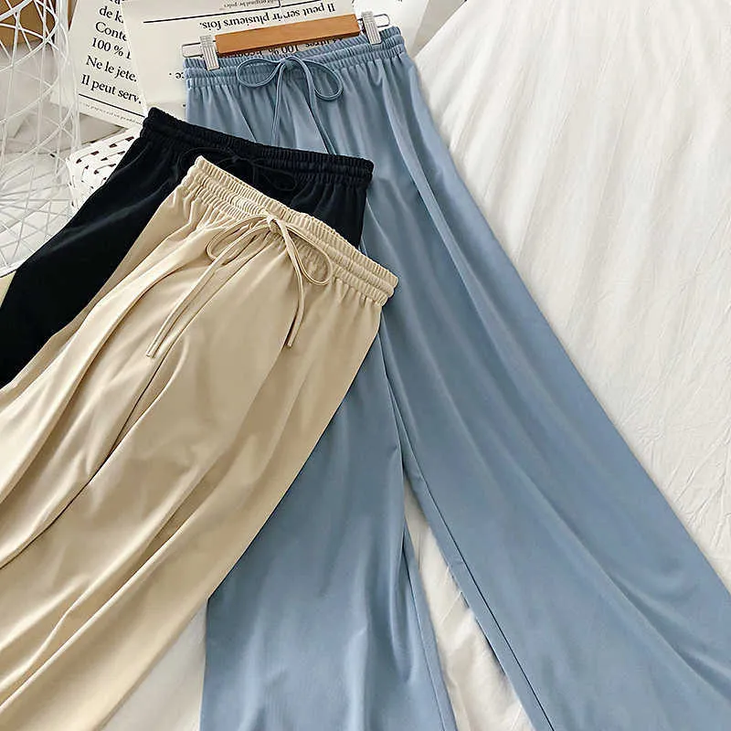 LY VAREY LIN Spring Summer Lace Up Elastic High Waist Casual Trousers Women Korean Style Solid Drape Wide Leg Pants 210526