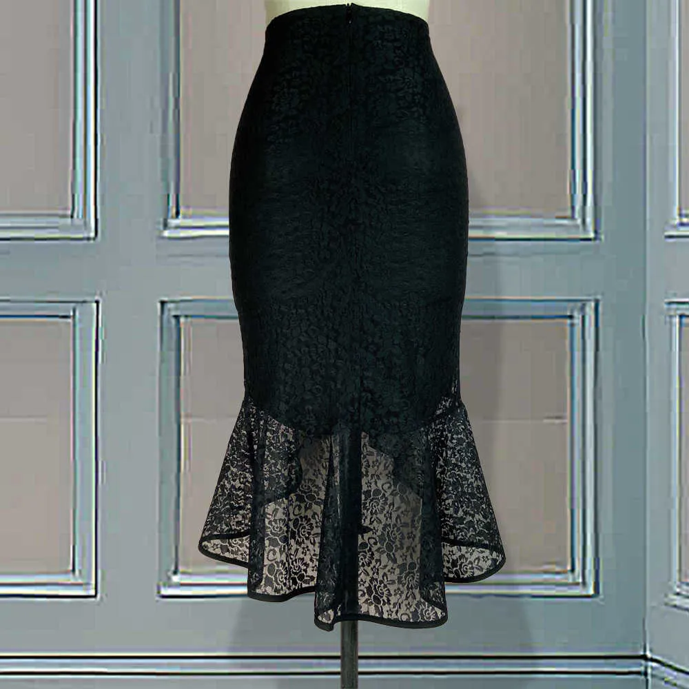 Women Black Lace Skirt High Waist Slim Midi Modest Classy Irregular Length Female Package Hip Jupes Falad Office Elegant Fashion 210629