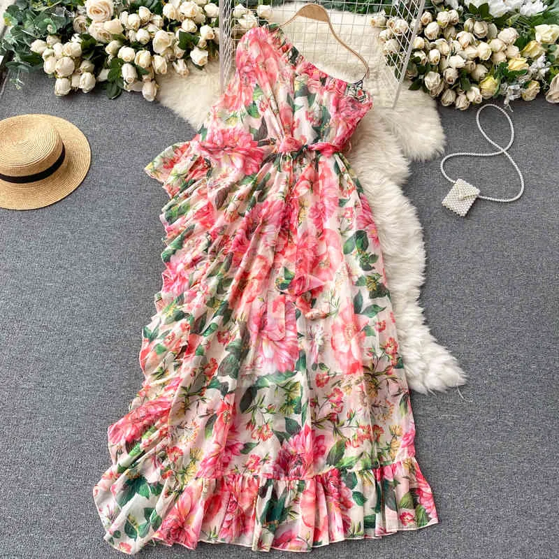 Primavera europea americana floral maxi vestidos de mujer cuello diagonal de un solo hombro vestido de temperamento con volantes C639 210506